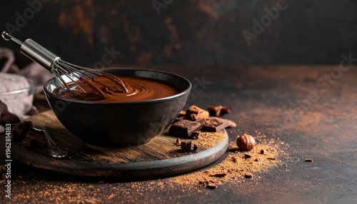 Chocolate bowl with melted chocolate and ingredients in studio