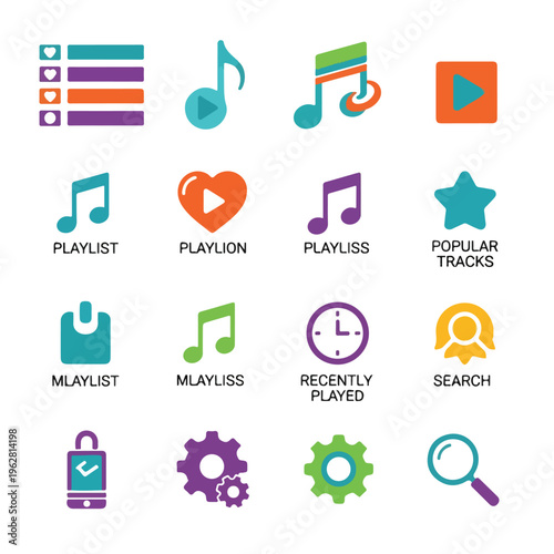 Colorful vector icons representing music, media, and search concepts