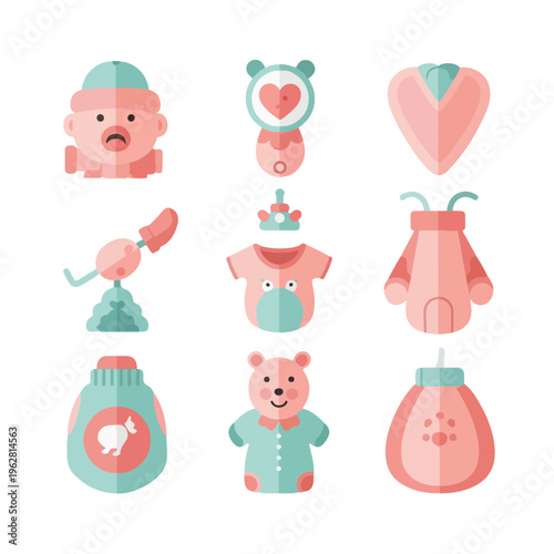 Flat vector icons representing baby-related objects, in pastel pink and blue colors