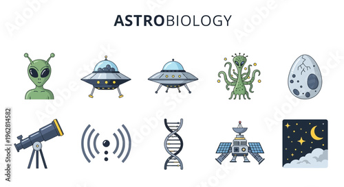 Astrobiology symbols and space exploration icons.