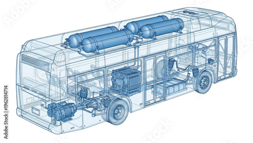 Technical 3D wireframe modern commercial transit bus with x-ray view and translucent blue exterior body. Ideal for urban transport concepts.