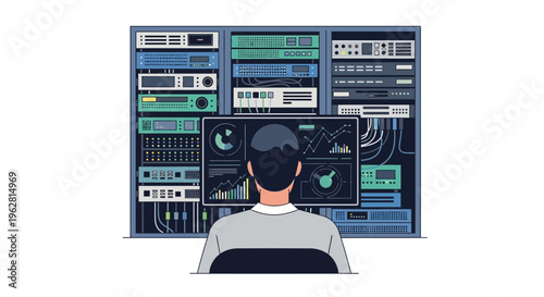 IT professional monitoring server rack in data center.