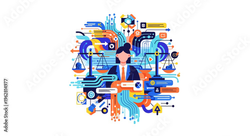 Lawyer Woman Surrounded by Legal and Digital Information Streams.