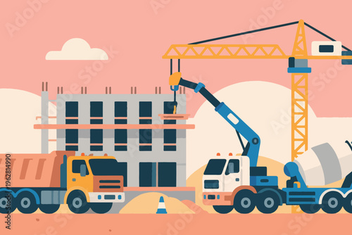 Construction site with cranes, trucks, and concrete building, stylized vector illustration of teamwork and machinery.