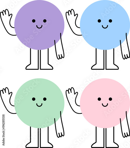 Cute Round Character Waving Hand Set, Friendly Pastel Mascot Cartoon Vector Illustration