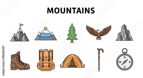 Mountain climbing hiking adventure icons set.