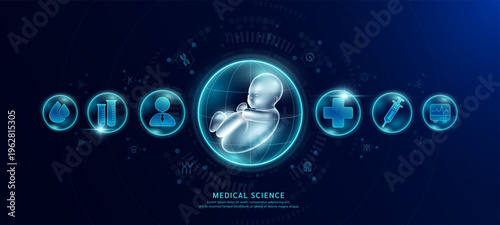 Science medical banner dark blue. Fetus hologram in transparent spherical dome along with the icons of a doctor plus sign and syringe. Vector EPS10.