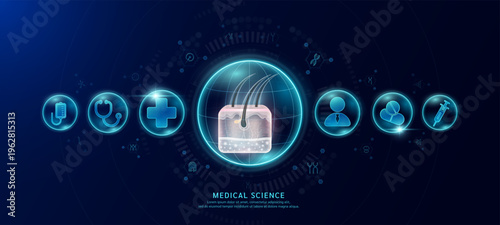 Science medical banner dark blue. Hair skin organ hologram in transparent spherical dome along with the icons of a doctor plus sign and syringe. Vector EPS10.