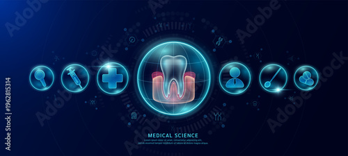 Science medical banner dark blue. Gum tooth organ hologram in transparent spherical dome along with the icons of a doctor plus sign and syringe. Vector EPS10.