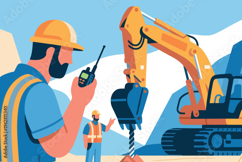 Construction workers with walkie talkie and drilling excavator, stylized vector illustration of teamwork and machinery.
