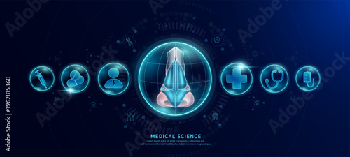 Science medical banner dark blue. Nose organ hologram in transparent spherical dome along with the icons of a doctor plus sign and syringe. Vector EPS10.