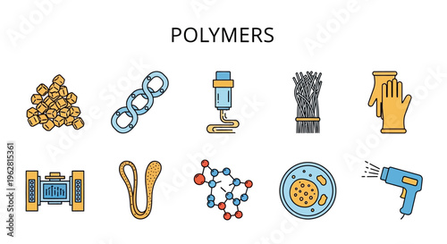 Polymers and plastic materials icons set.