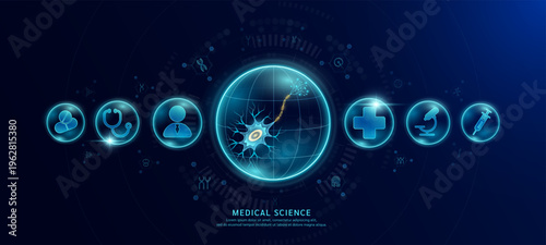 Science medical banner dark blue. Nerve cell hologram in transparent spherical dome along with the icons of a doctor plus sign and syringe. Vector EPS10.