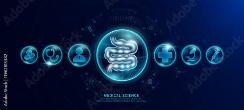 Science medical banner dark blue. Small intestine hologram in transparent spherical dome along with the icons of a doctor plus sign and syringe. Vector EPS10.