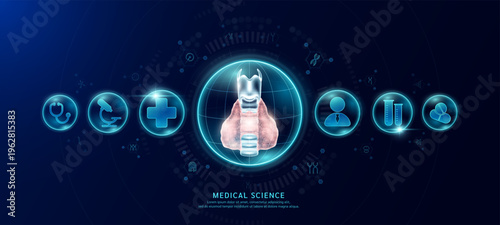 Science medical banner dark blue. Thyroid organ hologram in transparent spherical dome along with the icons of a doctor plus sign and syringe. Vector EPS10.