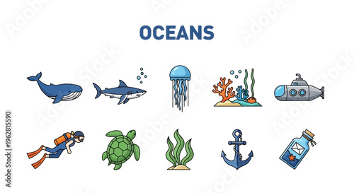 Underwater ocean marine life icons set.