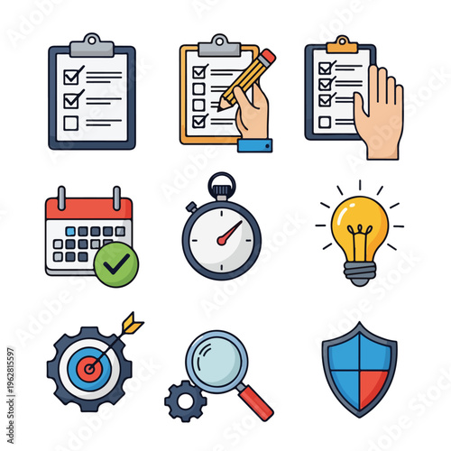 Colorful vector icons representing various business and planning concepts