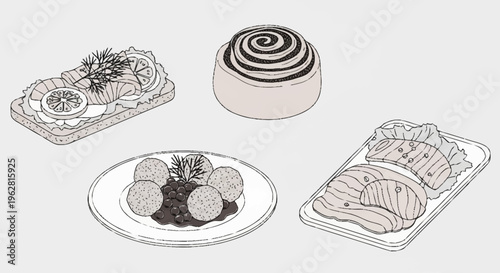Illustration of Desserts and Sweets on Plates.
