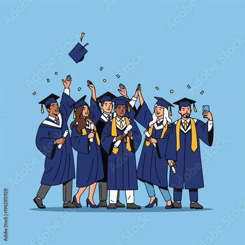 Group of diverse graduates celebrate with cap toss