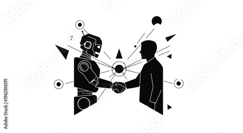 Businessman shaking hands with a robot signifies the successful integration of artificial intelligence and human collaboration in the modern workplace to boost overall efficiency and innovation.