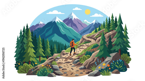 Man hiking on mountain trail with trekking poles.