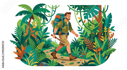 Man hiking through a dense jungle with a backpack.