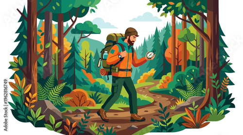 Man hiking with backpack and compass in forest.
