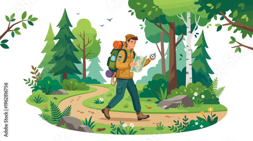 Man hiking with backpack and compass in forest.