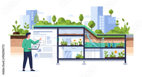 Man Explaining Vertical Farming System and Urban Green Roof.