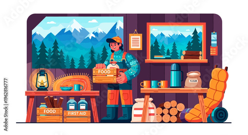 Man holding basket of supplies in a rustic store.