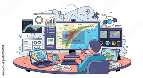 Man analyzing complex data on multiple screens.