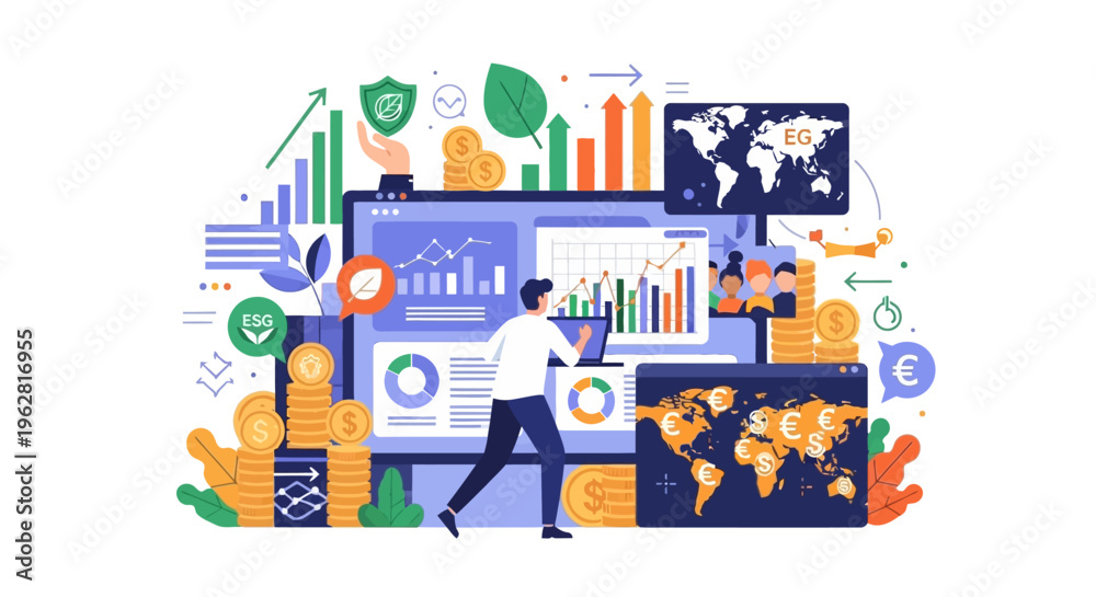 Naklejka premium Man Analyzing Financial Data on Digital Dashboard with World Maps.