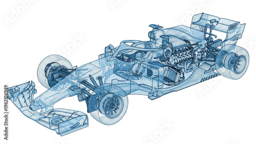 Technical 3D wireframe modern open-wheel race car with x-ray view, translucent blue aerodynamic body and wings. Ideal for motorsport concepts.