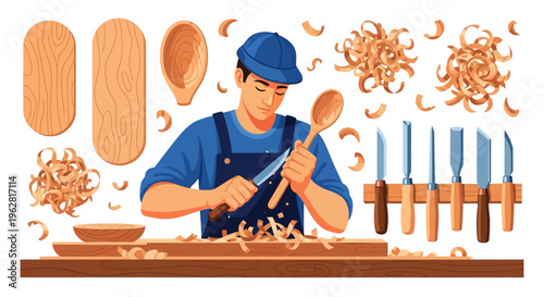 Man carving wooden spoon with tools and shavings.