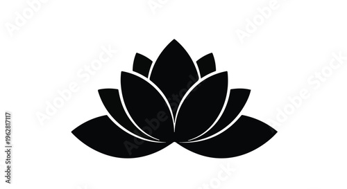 Lotus flower depicted as a symmetrical black icon signifies purity and enlightenment within a simple and refined graphic representation suitable for wellness or spiritual branding projects.