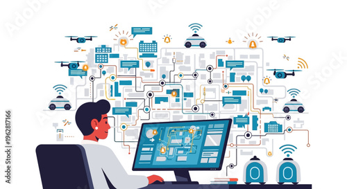 Man controlling complex network system from computer.