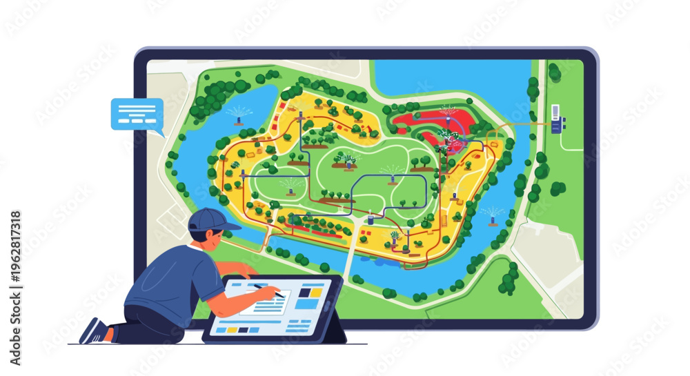 Fototapeta premium Man designing a park map on a digital tablet.