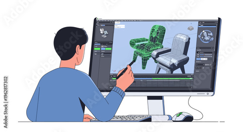 Man designing 3D model on computer screen.