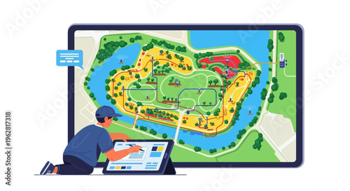 Man designing a park map on a digital tablet.