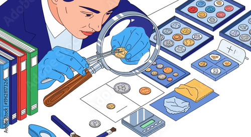 Man examining coin with magnifying glass and gloves.