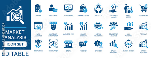 Market analysis icon set. featuring data analytics, customer research, digital marketing, sales forecasting, and business strategy in blue flat design style.