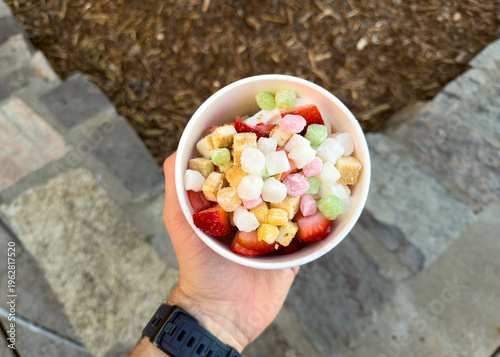 Frozen Yogurt With Fruit And Mochi Toppings In Cup