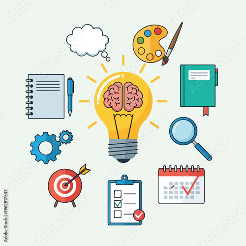 Colorful vector illustration about creativity, design, planning, and focus