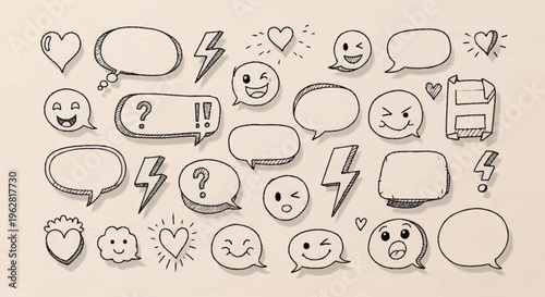 Hand Drawn Emoticons and Speech Bubbles.