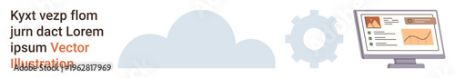 Cloud computing, data storage, network solutions, digital services, IT infrastructure, and technology integration. Cloud, gear and a monitor with graphical content. Cloud computing and data storage