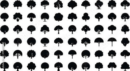 Diverse Tree Silhouettes: A collection of stylized tree silhouettes, offering a versatile range of shapes and forms, perfect for design and illustrative purposes. 