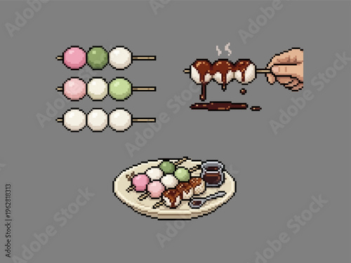 pixel art of colorful dango skewers including hanami dango, plain white mochi, and mitarashi dango coated in sweet soy glaze.