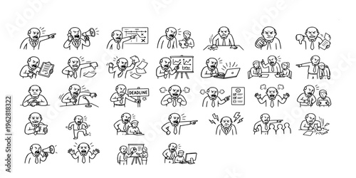 angry boss character set featuring a bald manager shouting, pointing, and expressing frustration in various office work stress situations.