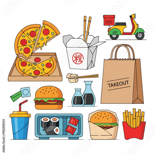 Flat vector illustration of various takeaway foods and delivery options