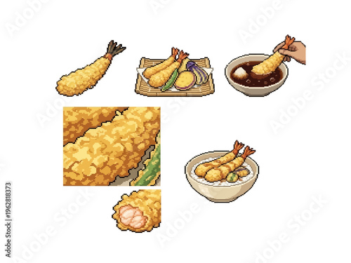 pixel art of crispy shrimp tempura served as individual pieces, a platter with vegetables, and over a bowl of rice.